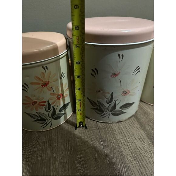 Vtg NC Colorware 60s Metal Kitchen Canister Set of 3 Flowers Beige Peach MCM - Picture 15 of 16